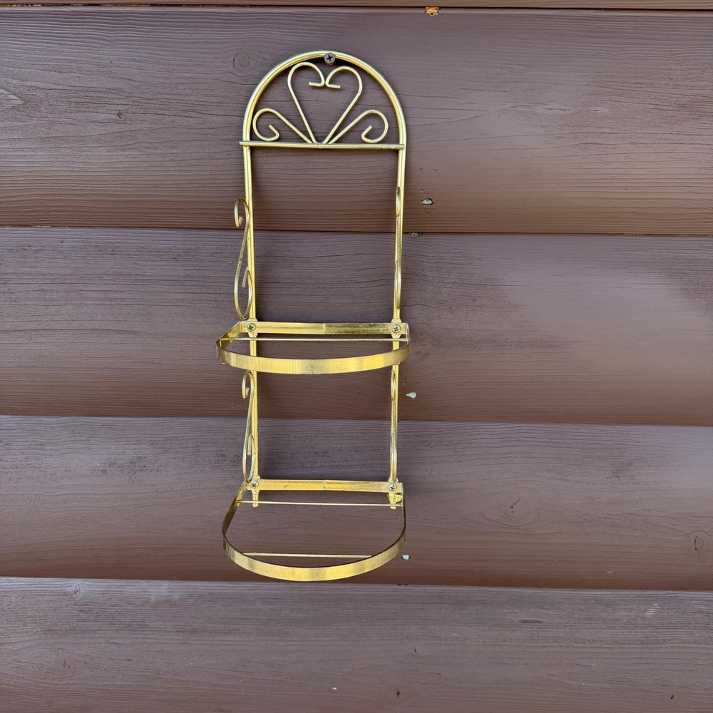 Vintage Two Tier Wall Shelf Gold Metal Heart Scrollwork Small Towel Rag Rack